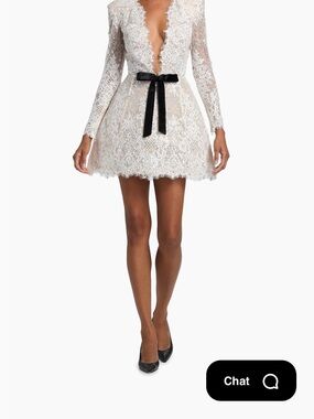 Lace Long-Sleeve Mini Dress with Black Ribbon
